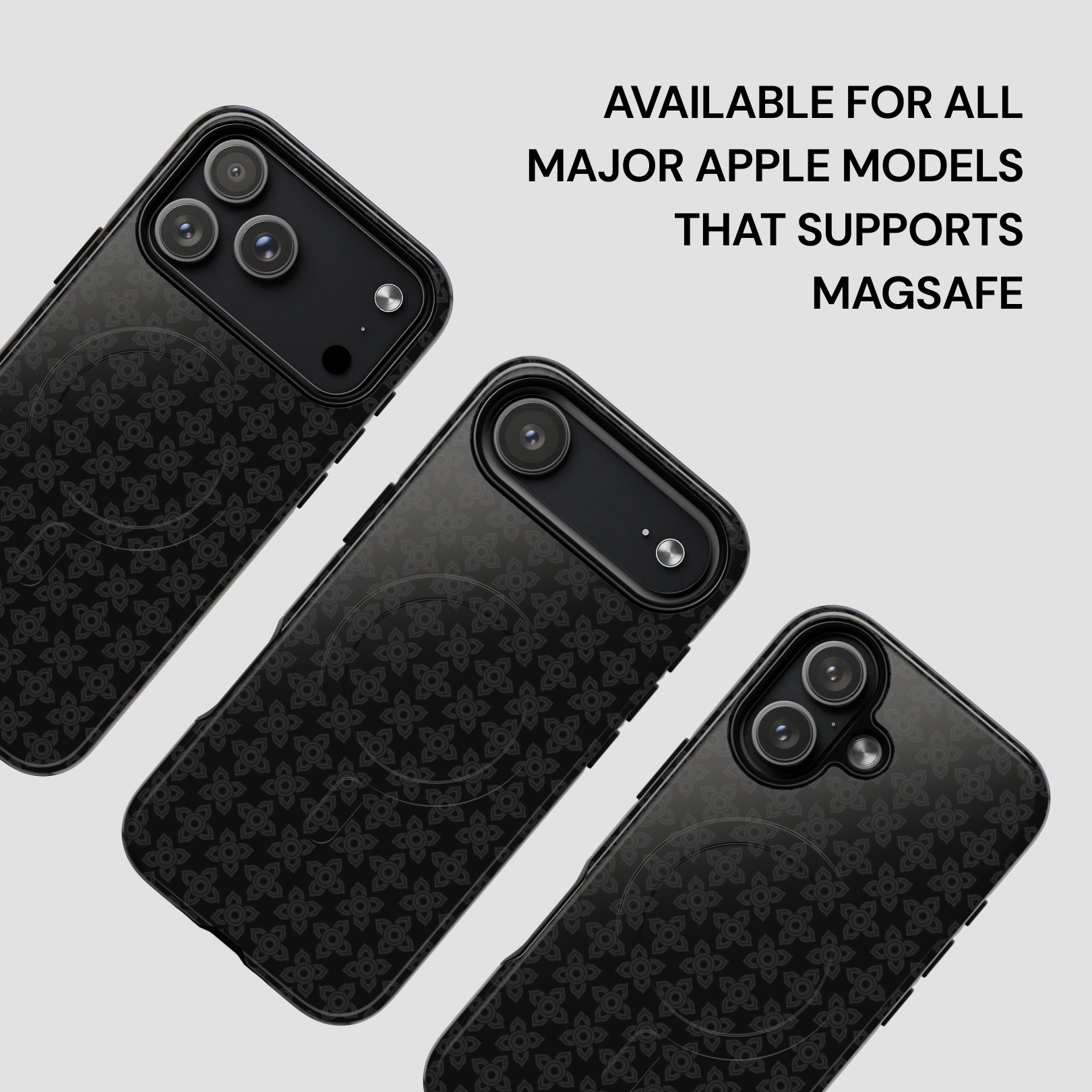 Black phone case with pattern on a light gray background, text indicating compatibility with MagSafe.