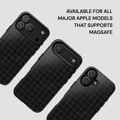 Black phone case with pattern on a light gray background, text indicating compatibility with MagSafe.