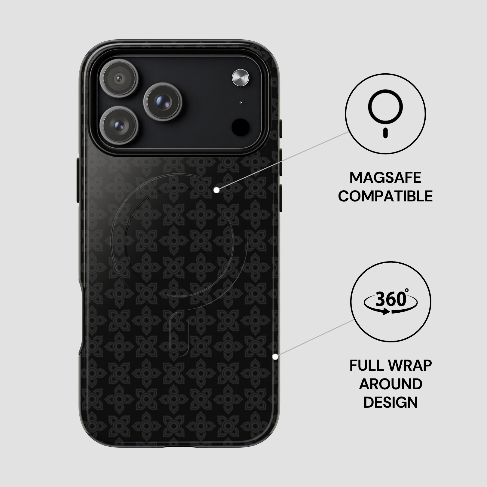 Black phone case with pattern, Magsafe compatibility, and 360-degree wrap design on a light gray background.