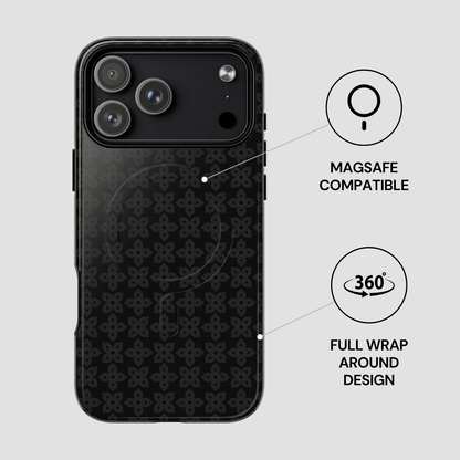 Black phone case with pattern, Magsafe compatibility, and 360-degree wrap design on a light gray background.