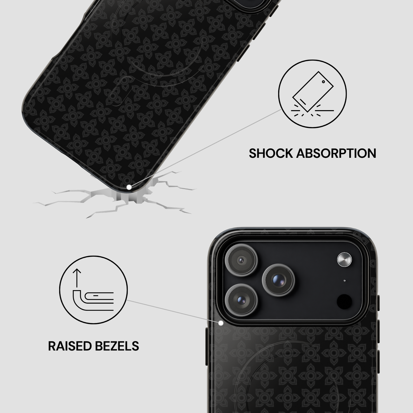 Phone case with blue floral design and shock absorption features on a white background