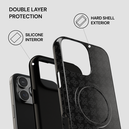 Phone case with double layer protection features on a gray background