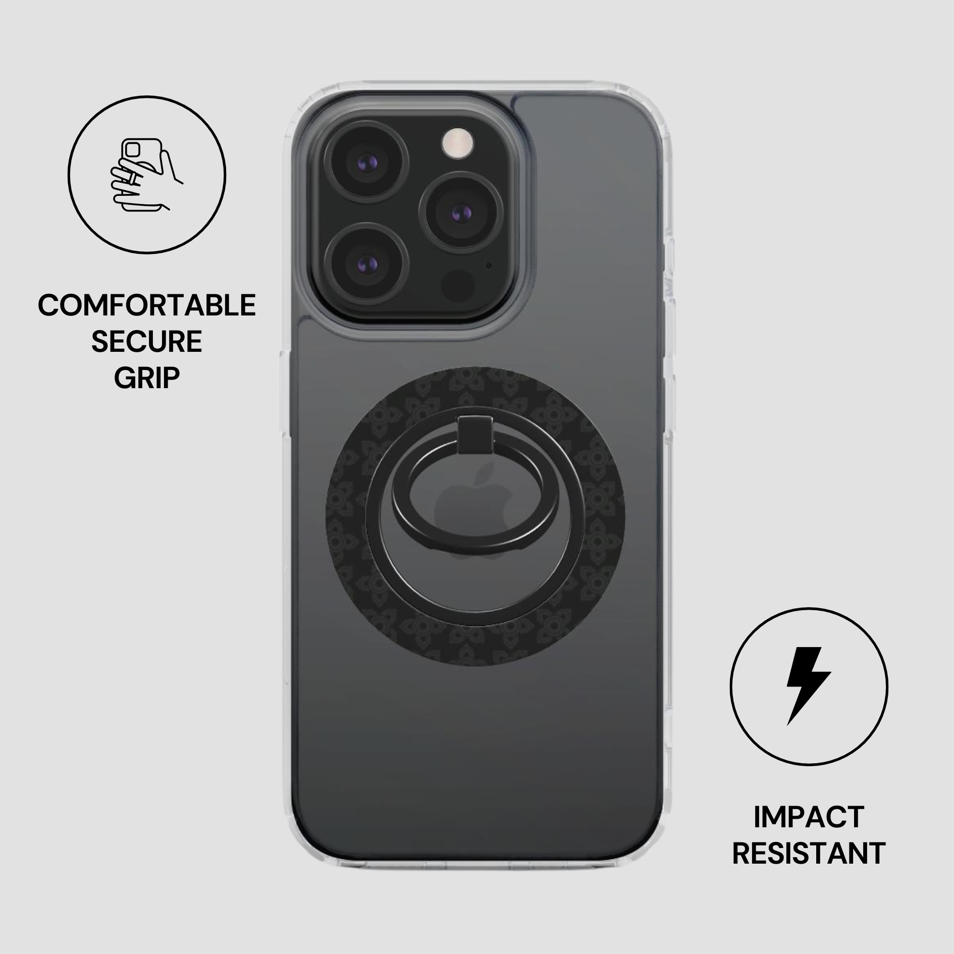 Phone case with ring holder on a light gray background