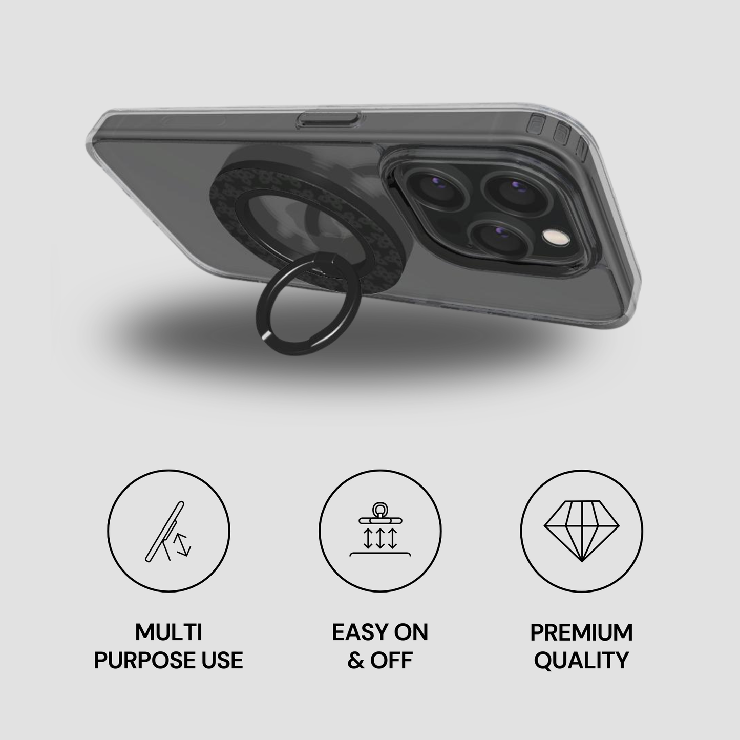 Phone case with ring holder and features on a gray background
