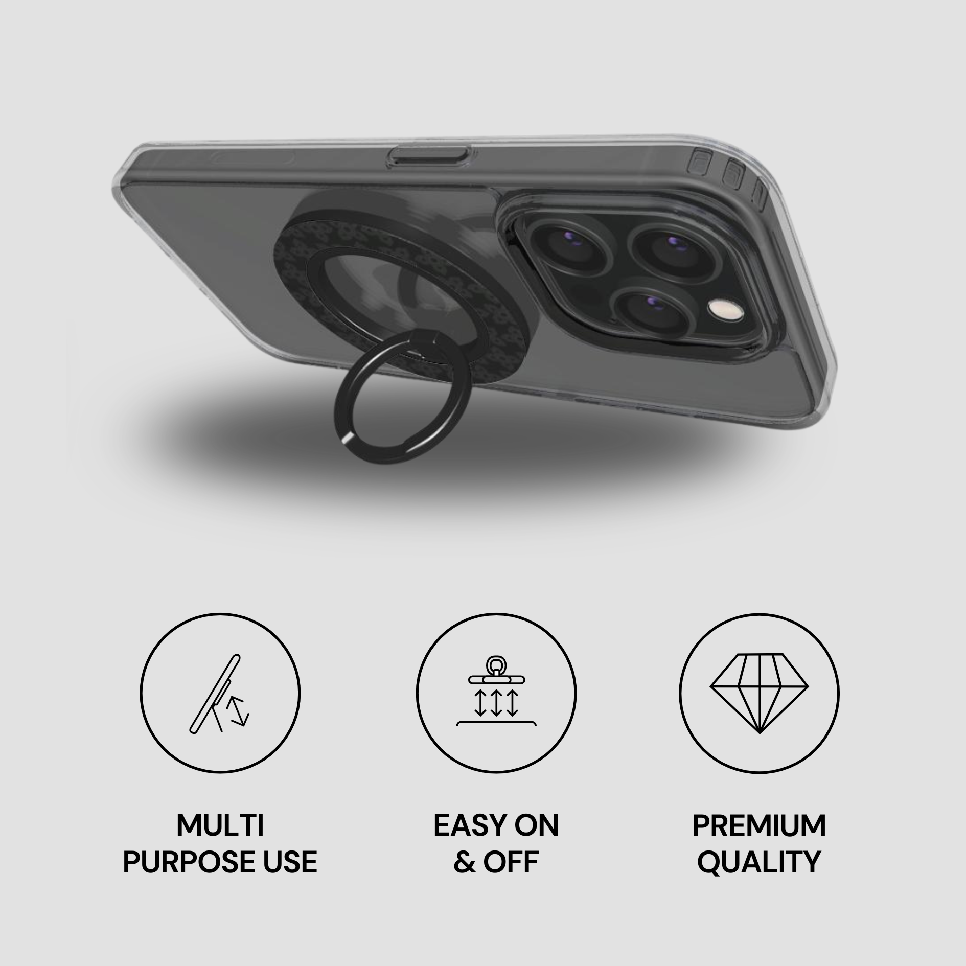 Phone case with ring holder and features on a gray background