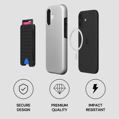 Exploded view of Midnight Emblem Magnetic Wallet with phone, case, and magnetic ring components