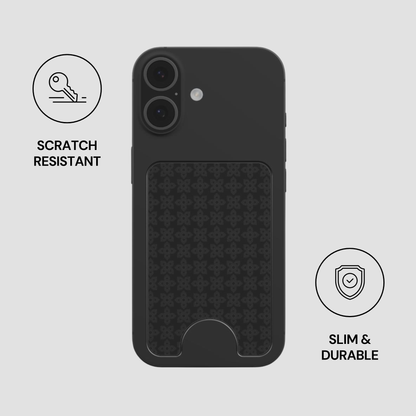 Midnight Emblem Magnetic Wallet attached to the back of a phone showing slim and durable everyday use