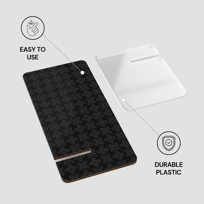 Colorful patterned phone case with text 'Easy to use' and 'Durable plastic' on a white background
