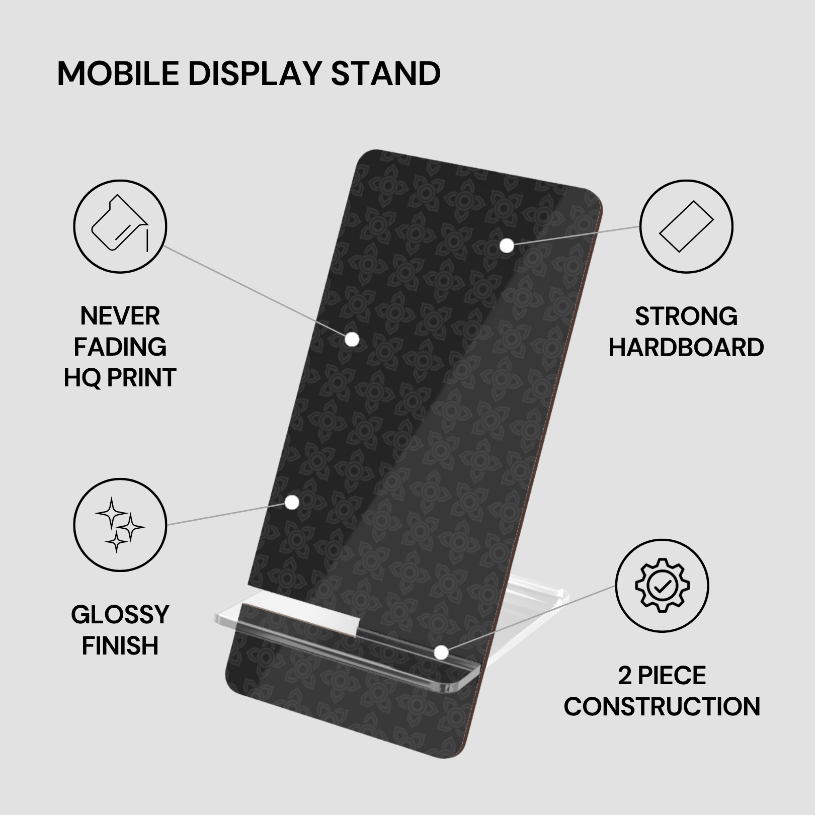 Mobile display stand with features highlighted on a gray background