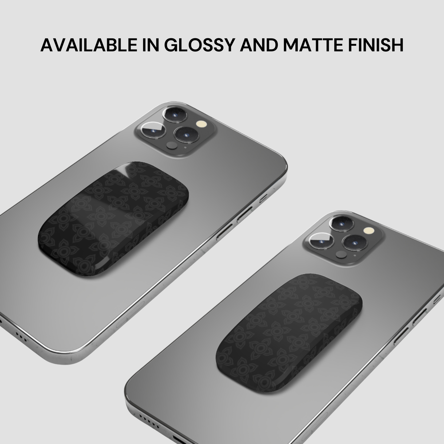Two phone cases on a gray background with text indicating finish options.