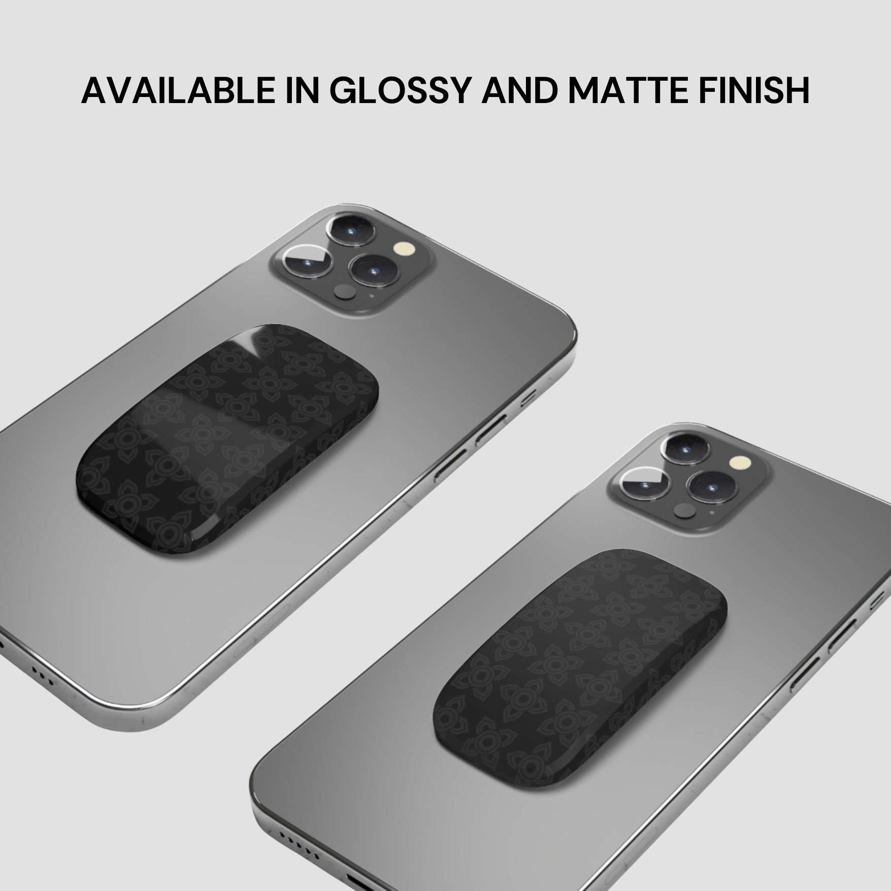 Two phone cases on a gray background with text indicating finish options.