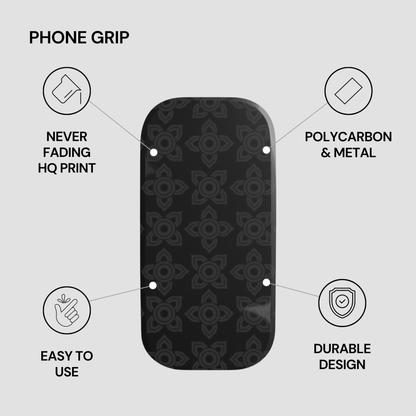 Black phone grip with features listed on a gray background