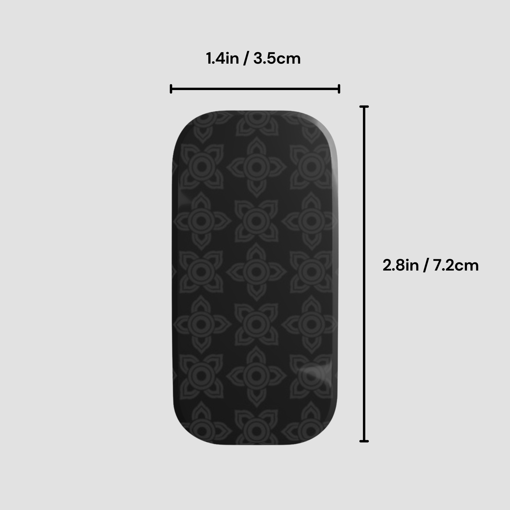 Black rectangular object with a pattern, shown with measurements on a light gray background