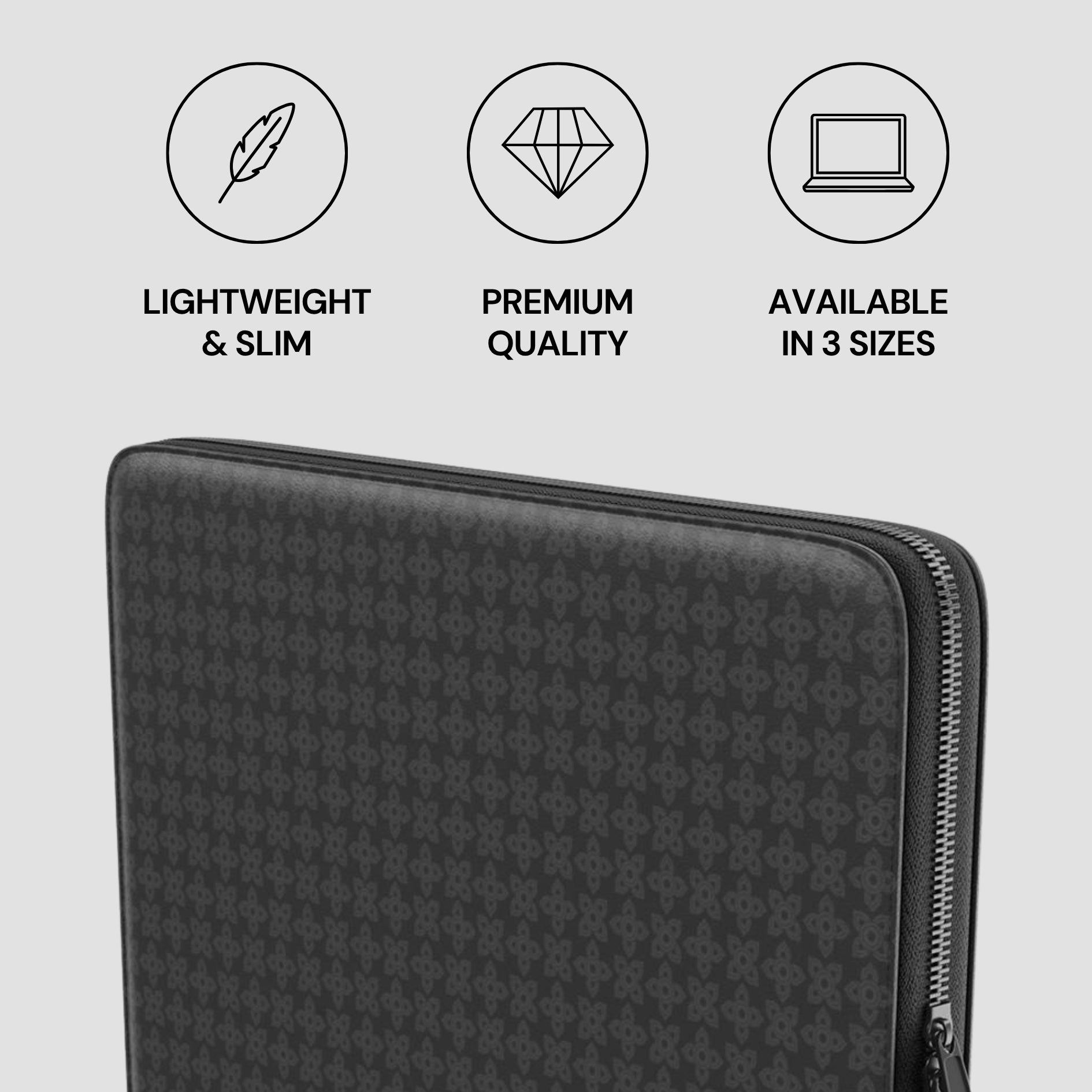 Black laptop sleeve with pattern on a gray background, featuring icons and text about product features.