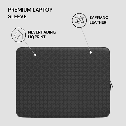 Patterned laptop sleeve with saffiano leather finish on a light gray background