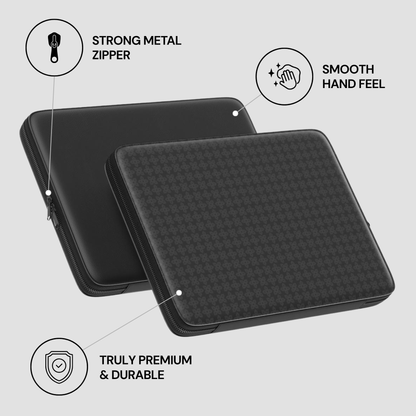 Black zippered case with text highlighting features on a light gray background