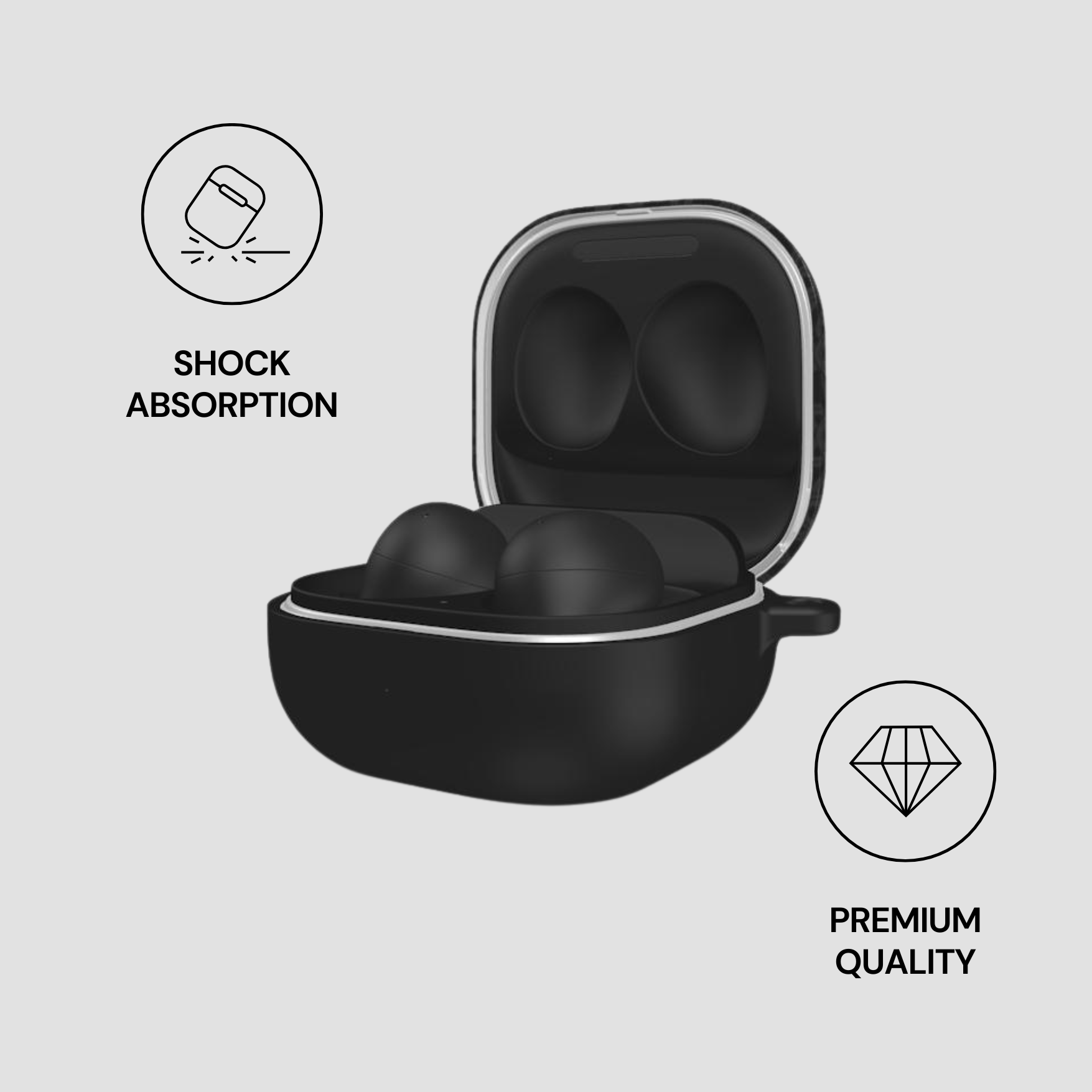 Black earbud case with colorful pattern on a white background, featuring icons for shock absorption and premium quality.