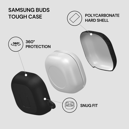 Samsung Buds Tough Case with features highlighted on a light gray background