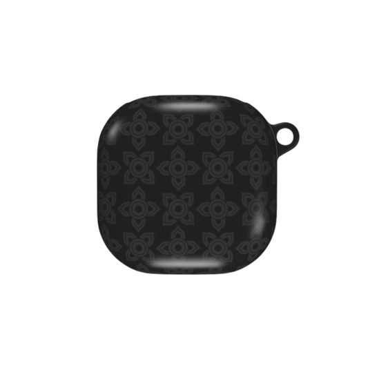 Black square container with floral pattern on a white background