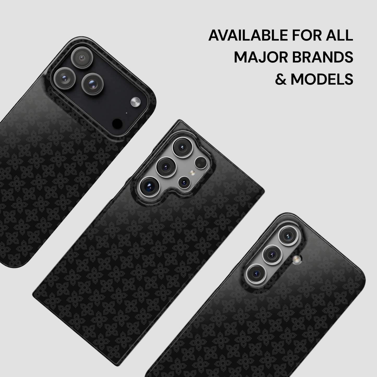 Black phone cases with a geometric pattern on a light gray background, text indicating availability for all major brands and models.