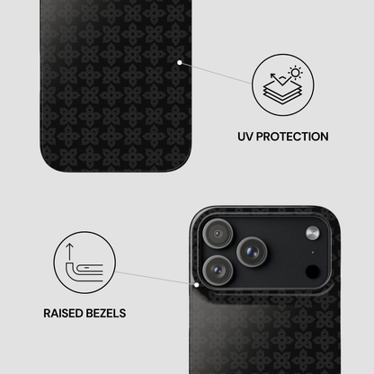 Phone case with UV protection and raised bezels features on a light gray background