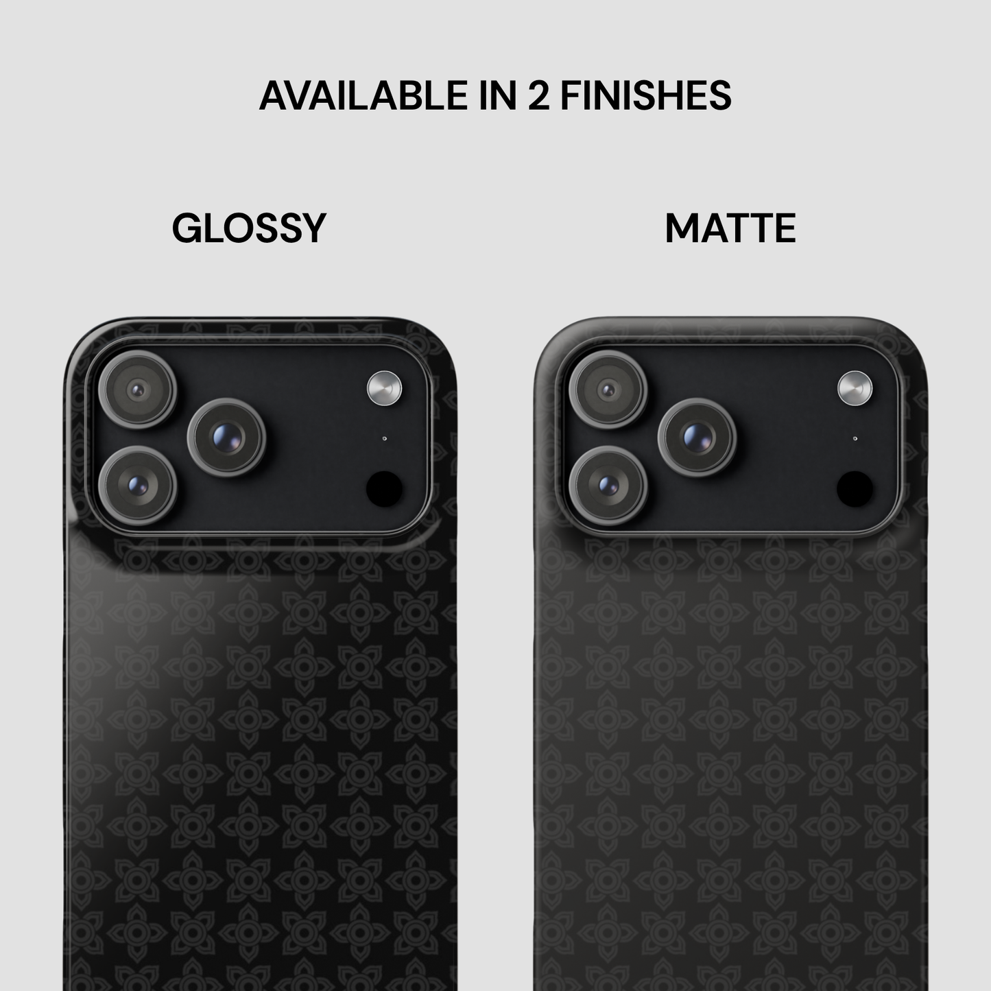 Two black phone cases with different finishes (glossy and matte) on a light gray background.