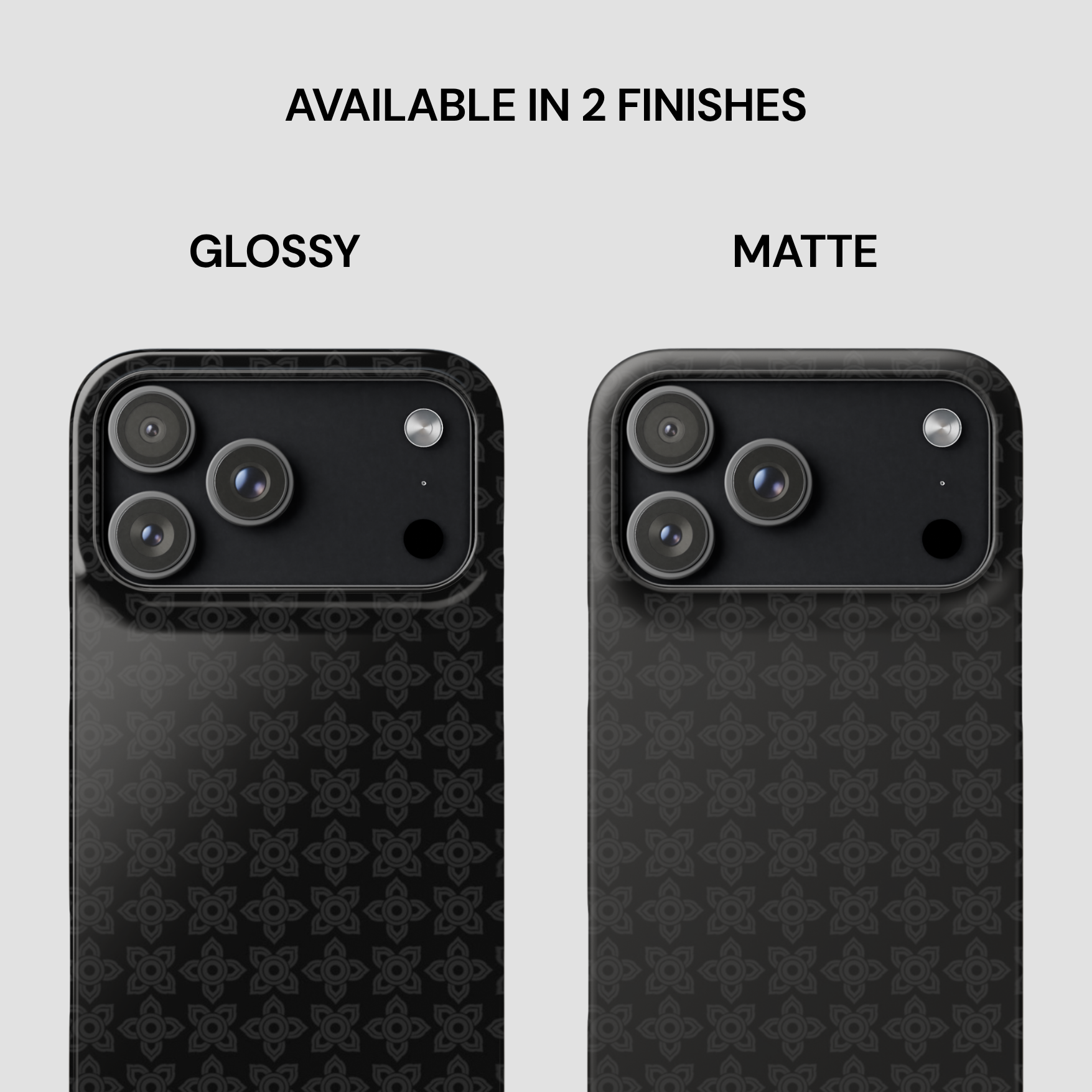 Two black phone cases with different finishes (glossy and matte) on a light gray background.