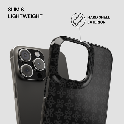 Phone case with hard shell exterior design on a gray background