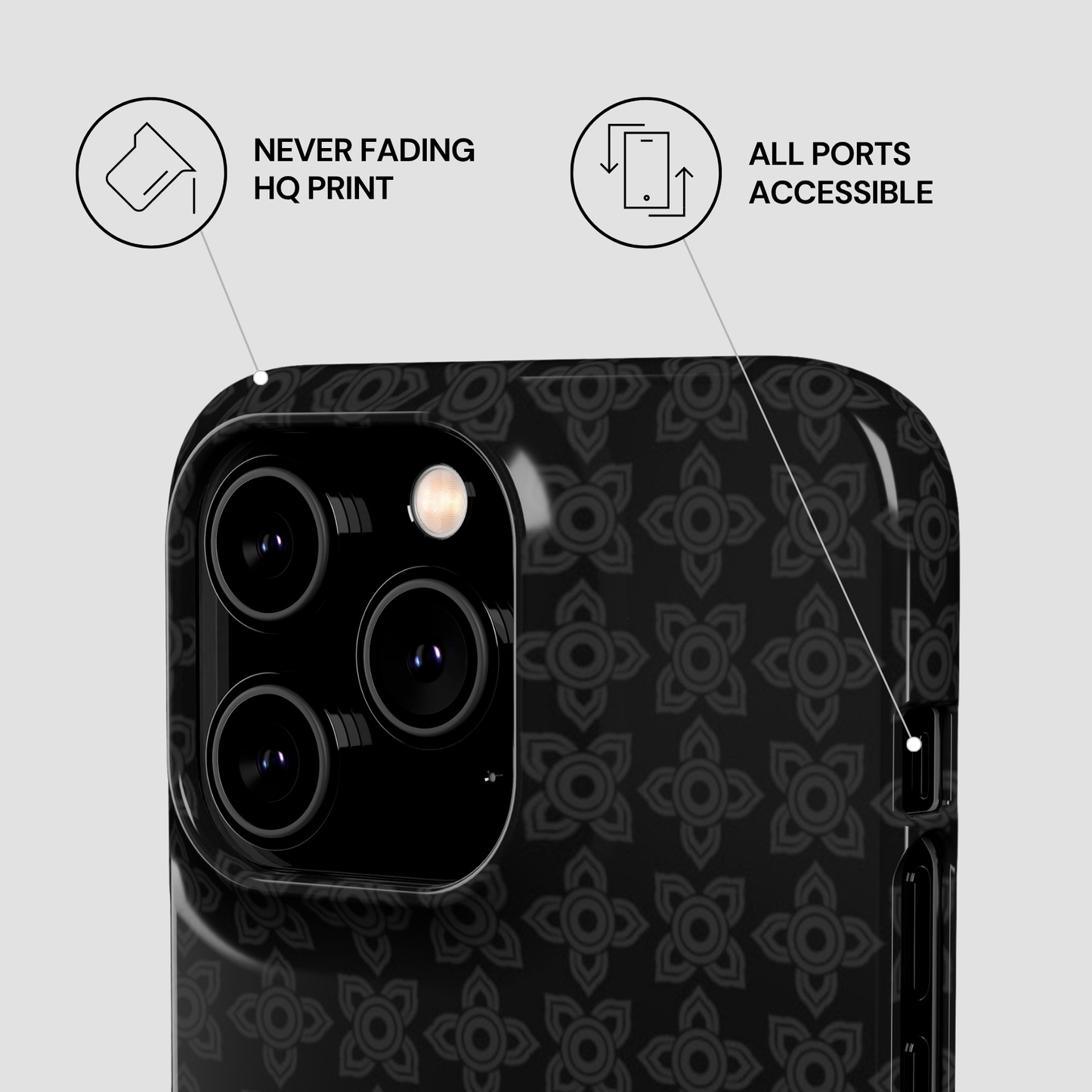 Phone case with patterned design on a light gray background