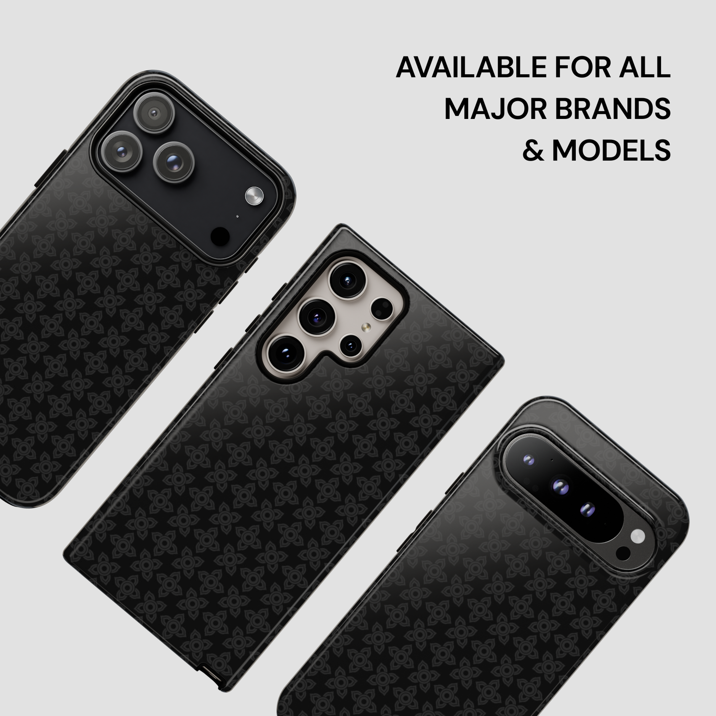Black phone case with geometric pattern on a light gray background