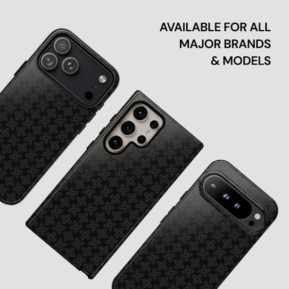 Black phone case with geometric pattern on a light gray background