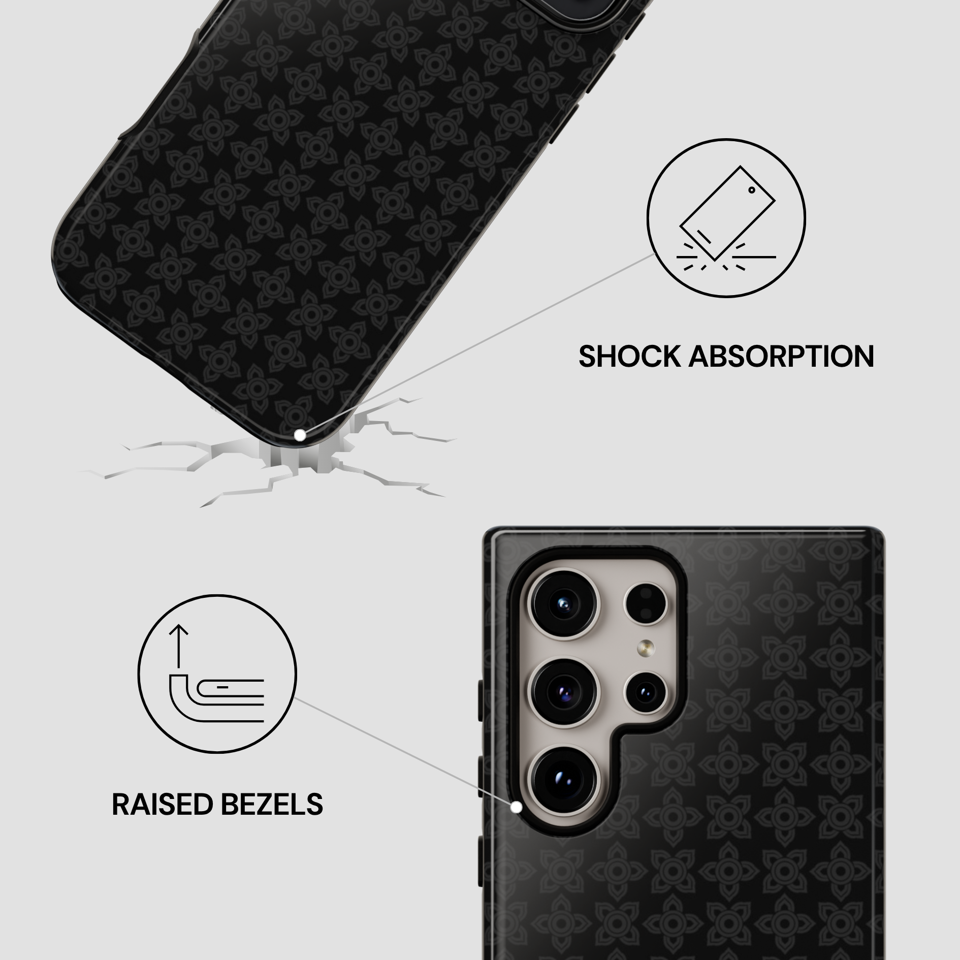 Phone case with shock absorption and raised bezels features on a white background