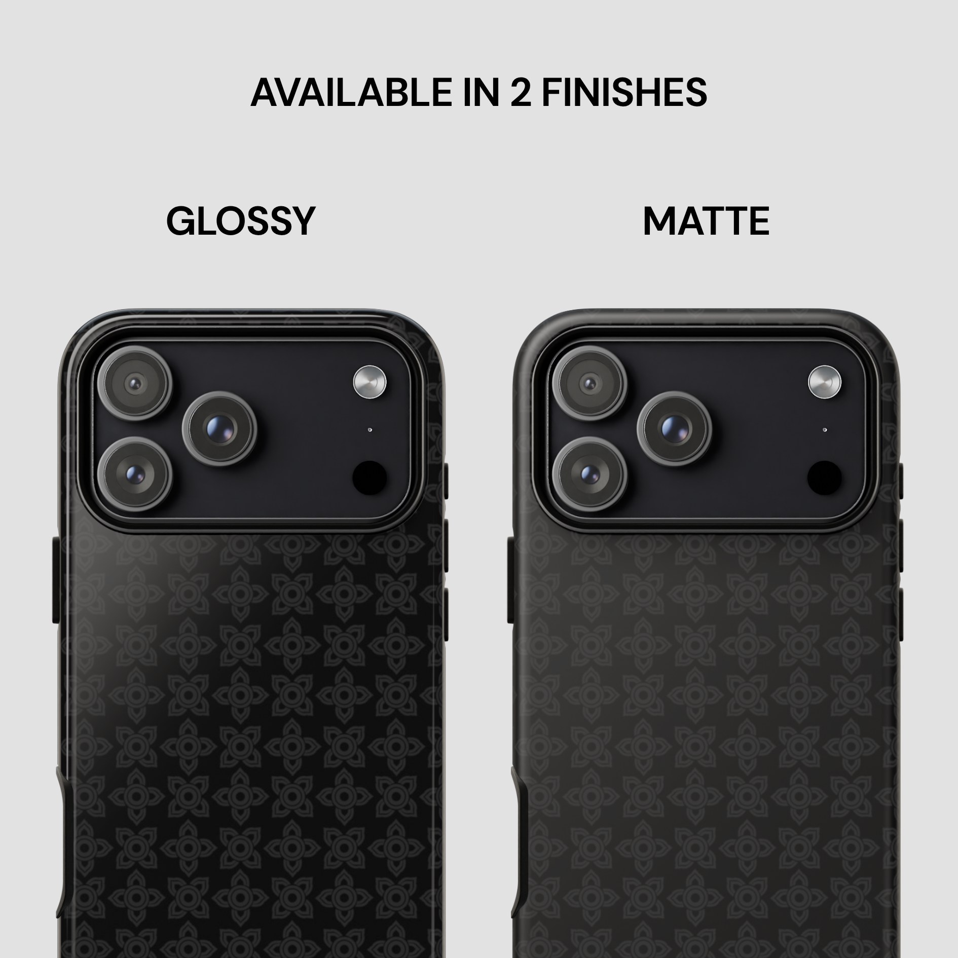 Two black phone cases with different finishes on a gray background