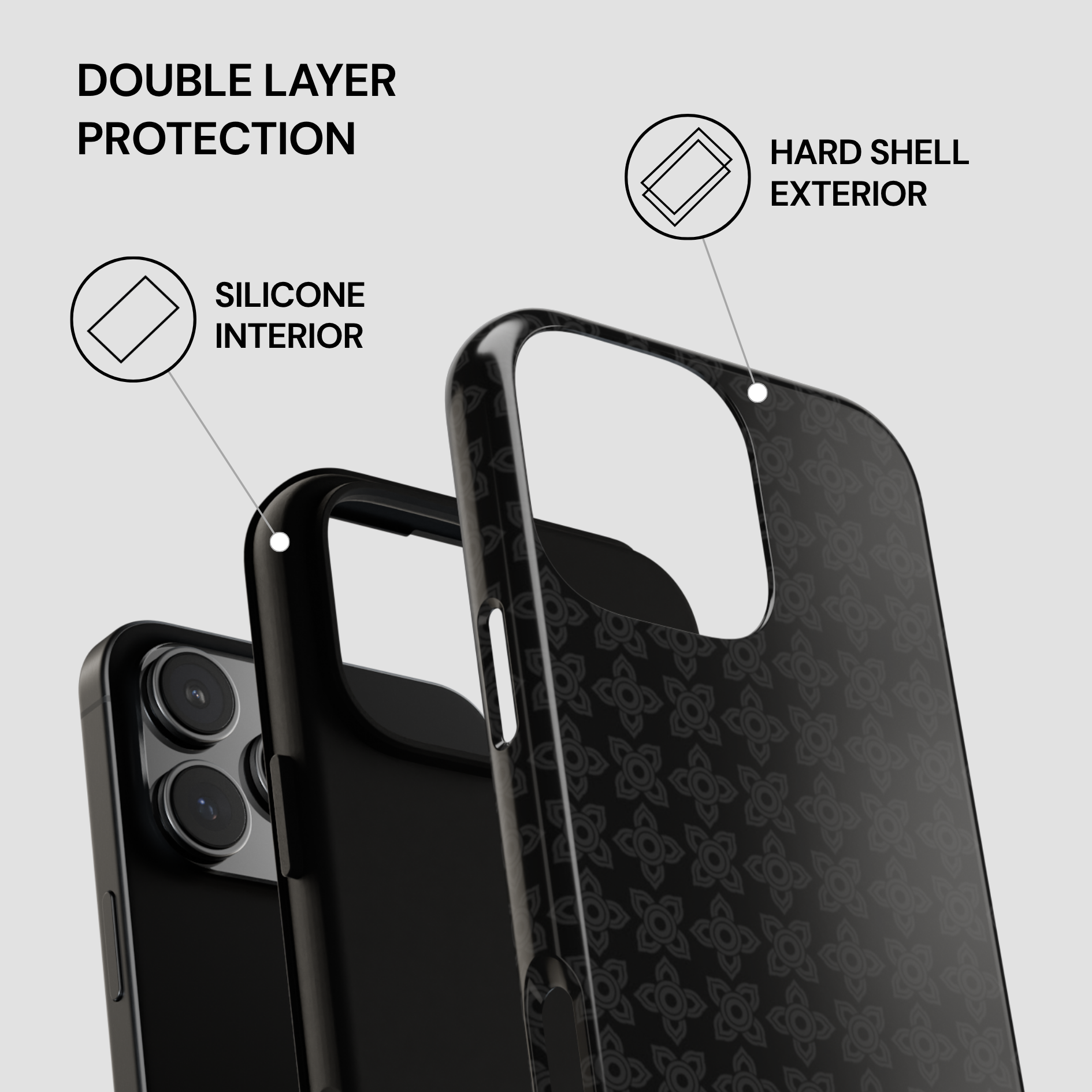Black phone case with hard shell exterior and silicone interior, featuring text 'Double Layer Protection'.