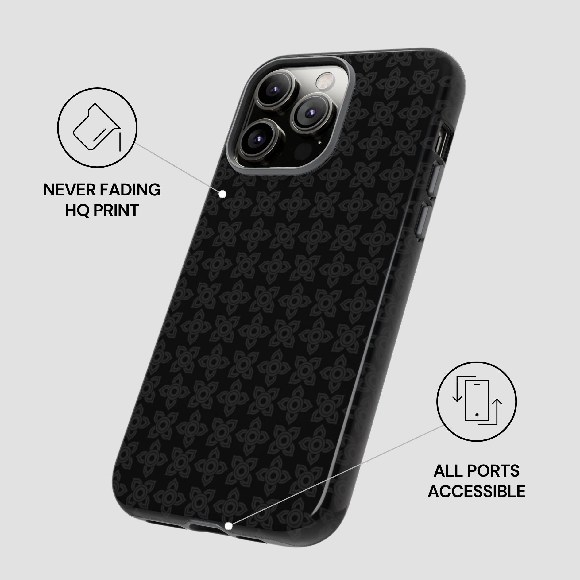 Black phone case with floral pattern on a gray background