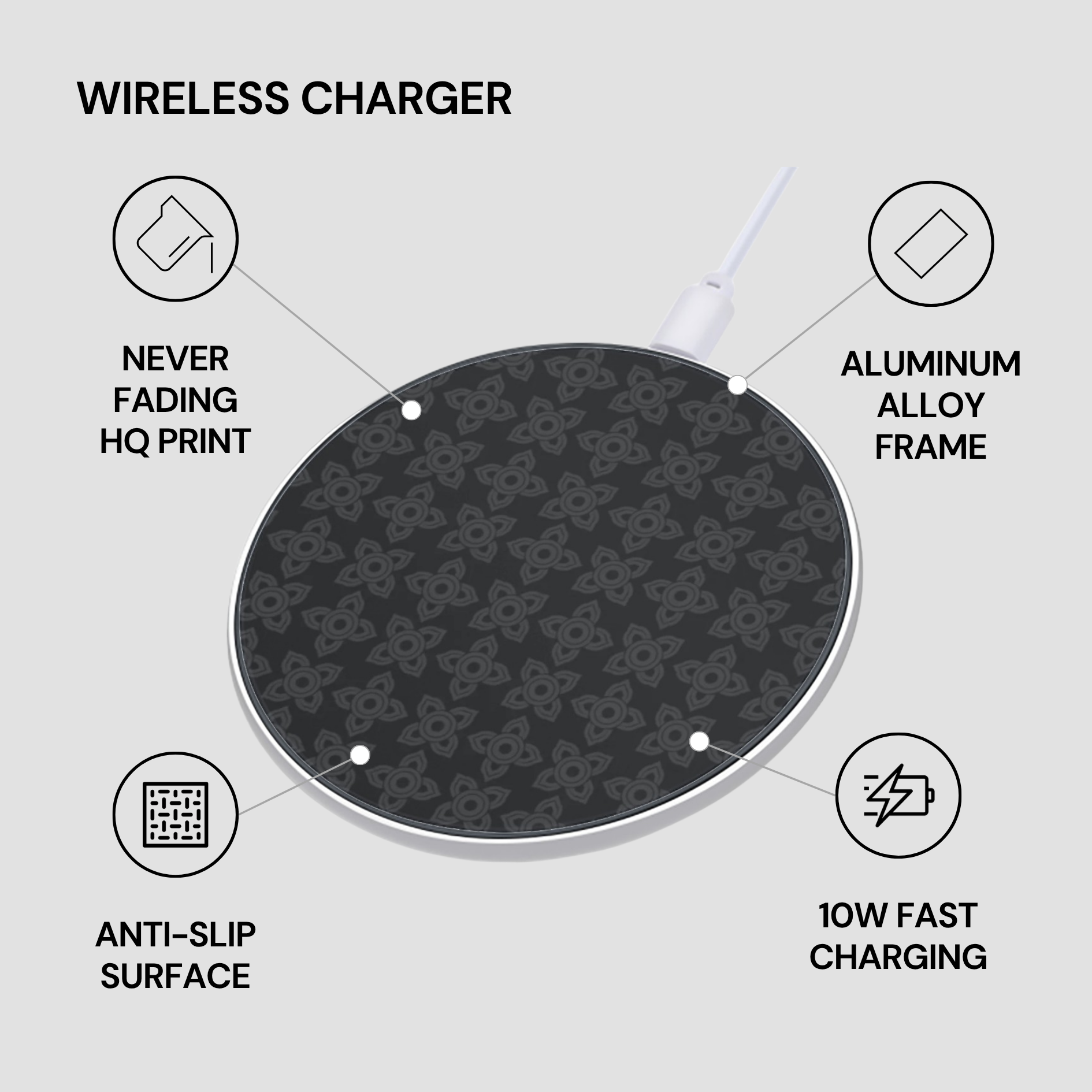 Wireless charger with features listed on a light gray background