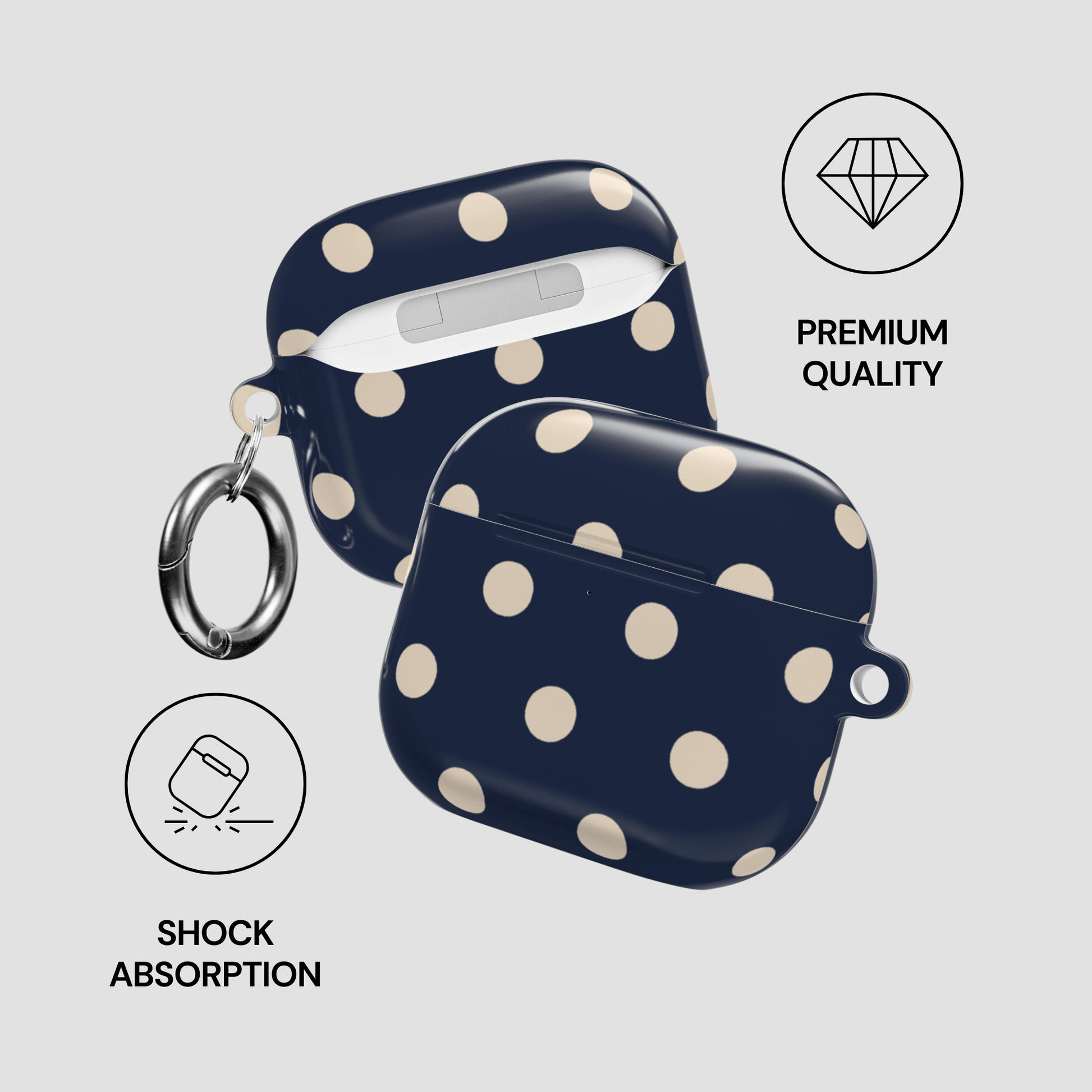 Navy blue case with white polka dots and keychain on a light gray background