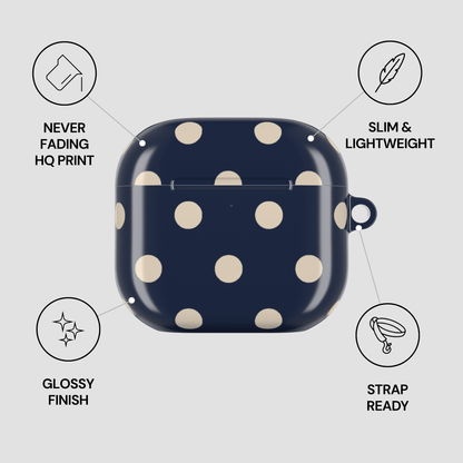 Navy blue case with white polka dots on a gray background with feature icons.
