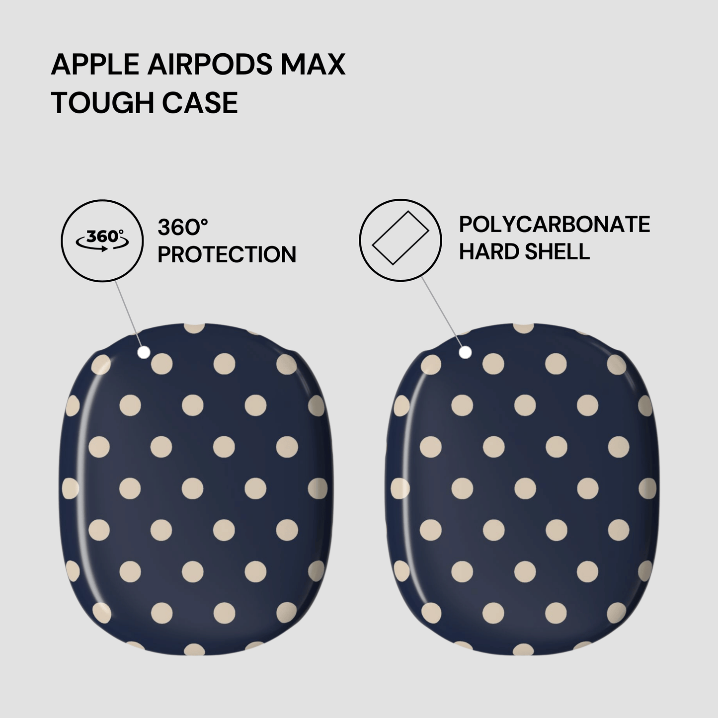Navy blue case with white polka dots for Apple AirPods Max, featuring text on protection and material.