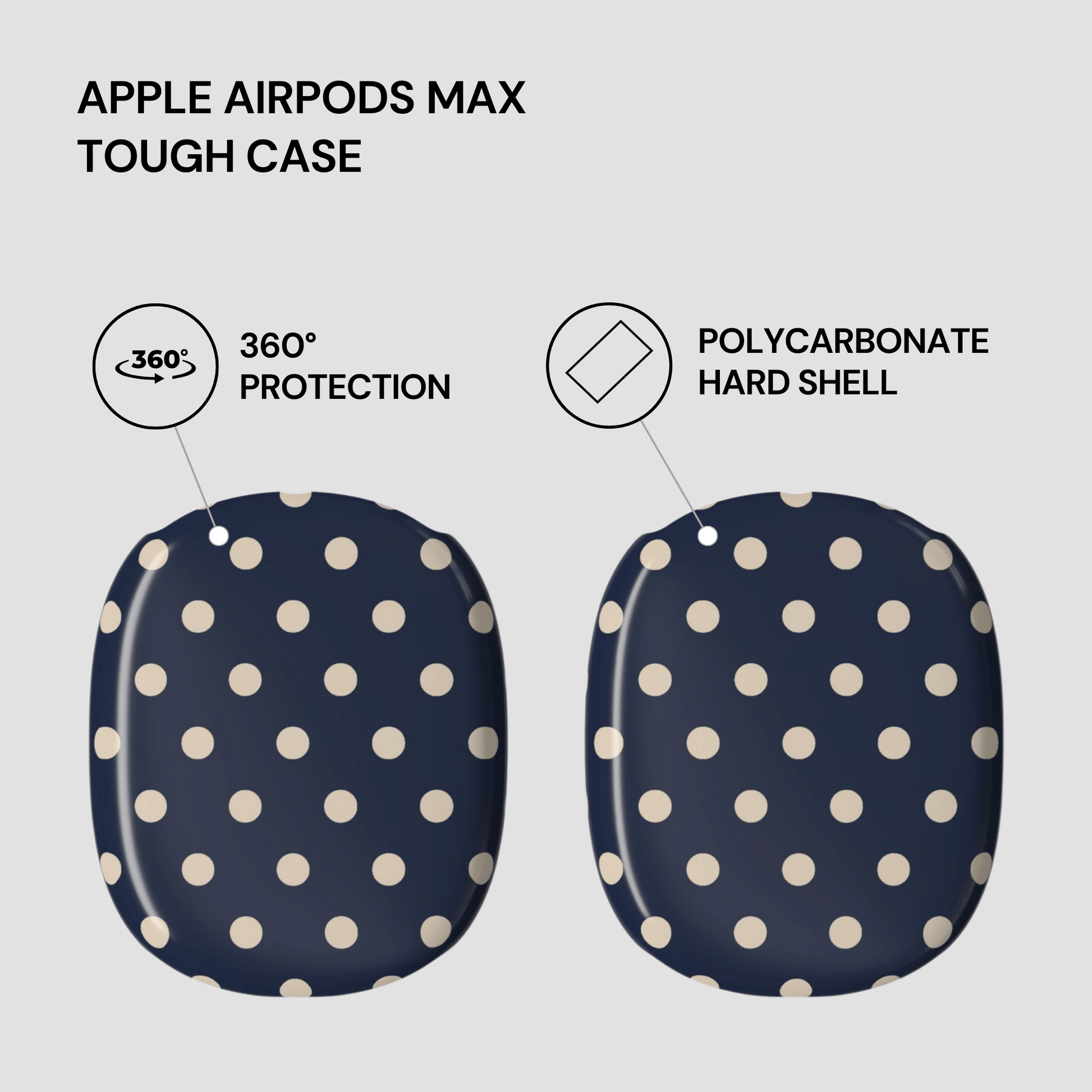Navy blue case with white polka dots for Apple AirPods Max, featuring text on protection and material.