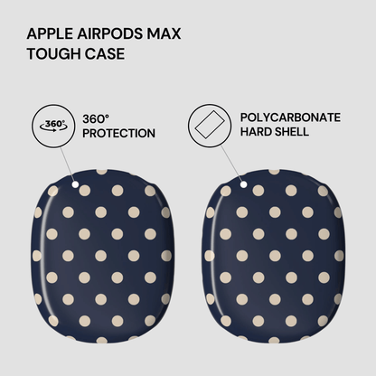 Navy blue case with white polka dots for Apple AirPods Max, featuring text on protection and material.