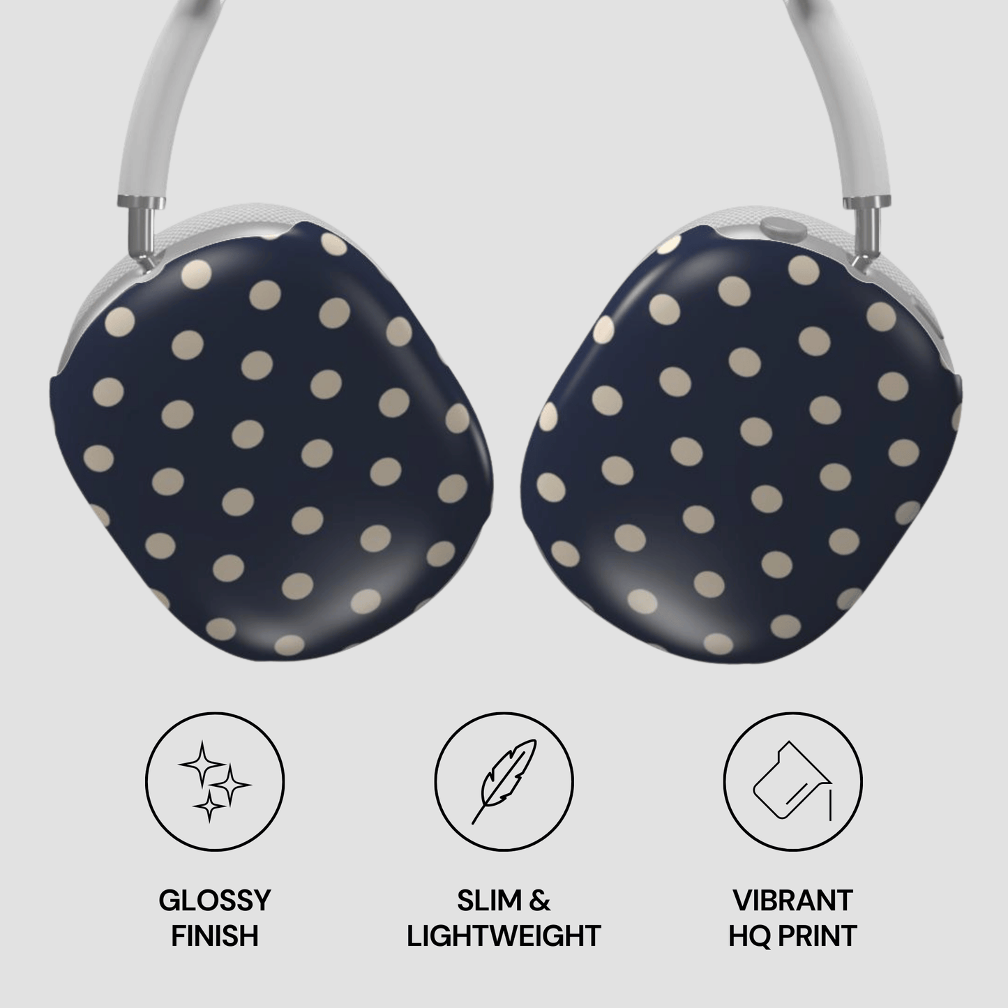 Polka dot headphones with glossy finish, slim design, and vibrant HQ print on a light gray background.