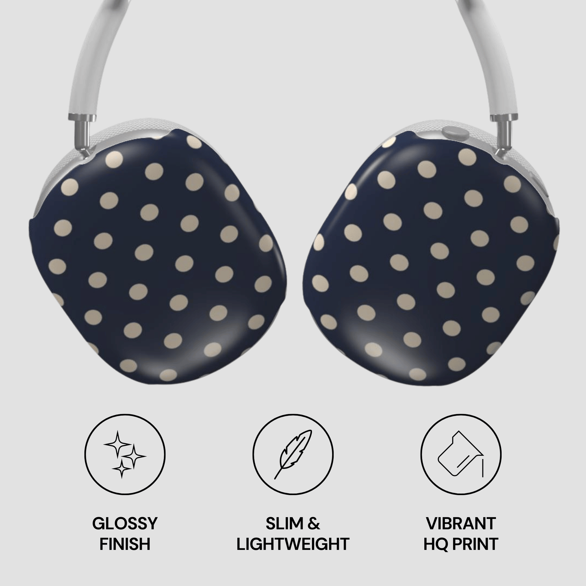 Polka dot headphones with glossy finish, slim design, and vibrant HQ print on a light gray background.