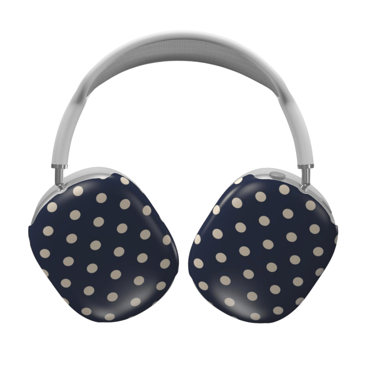 Navy blue headphones with white polka dots on a white background