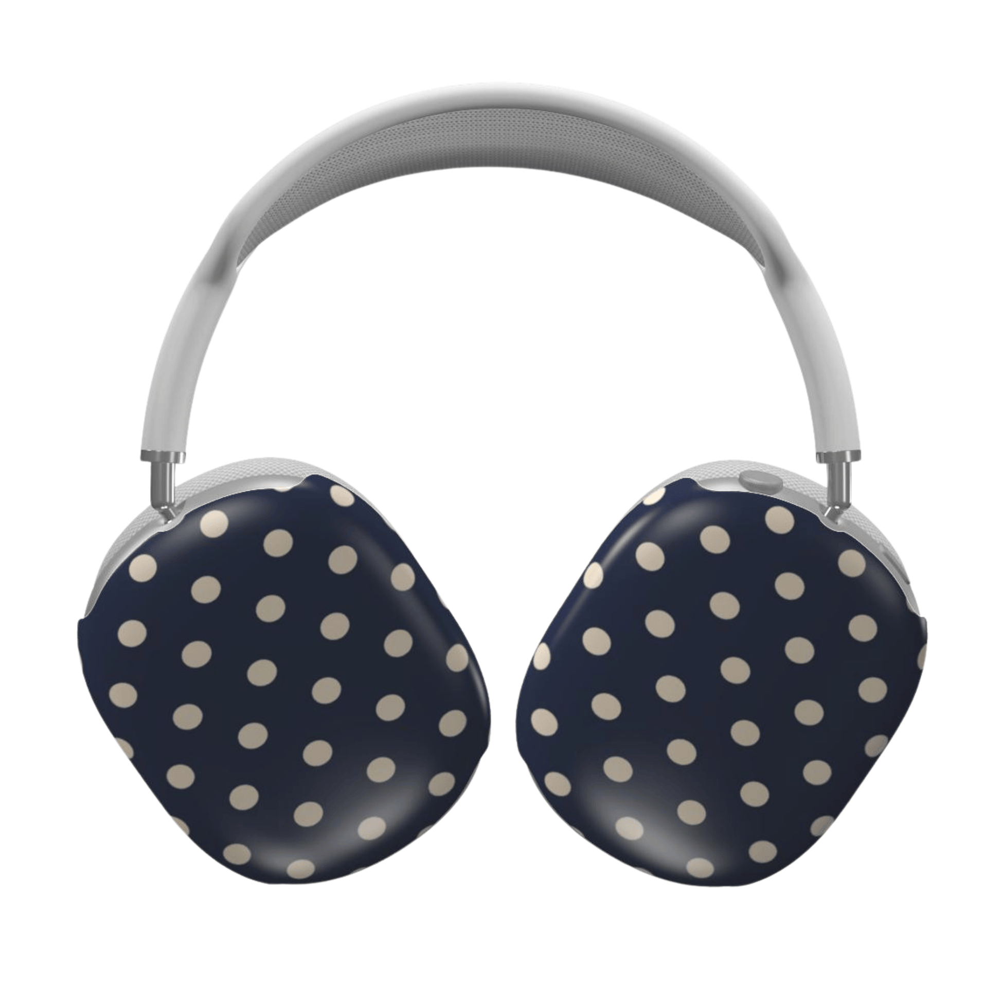 Navy blue headphones with white polka dots on a white background