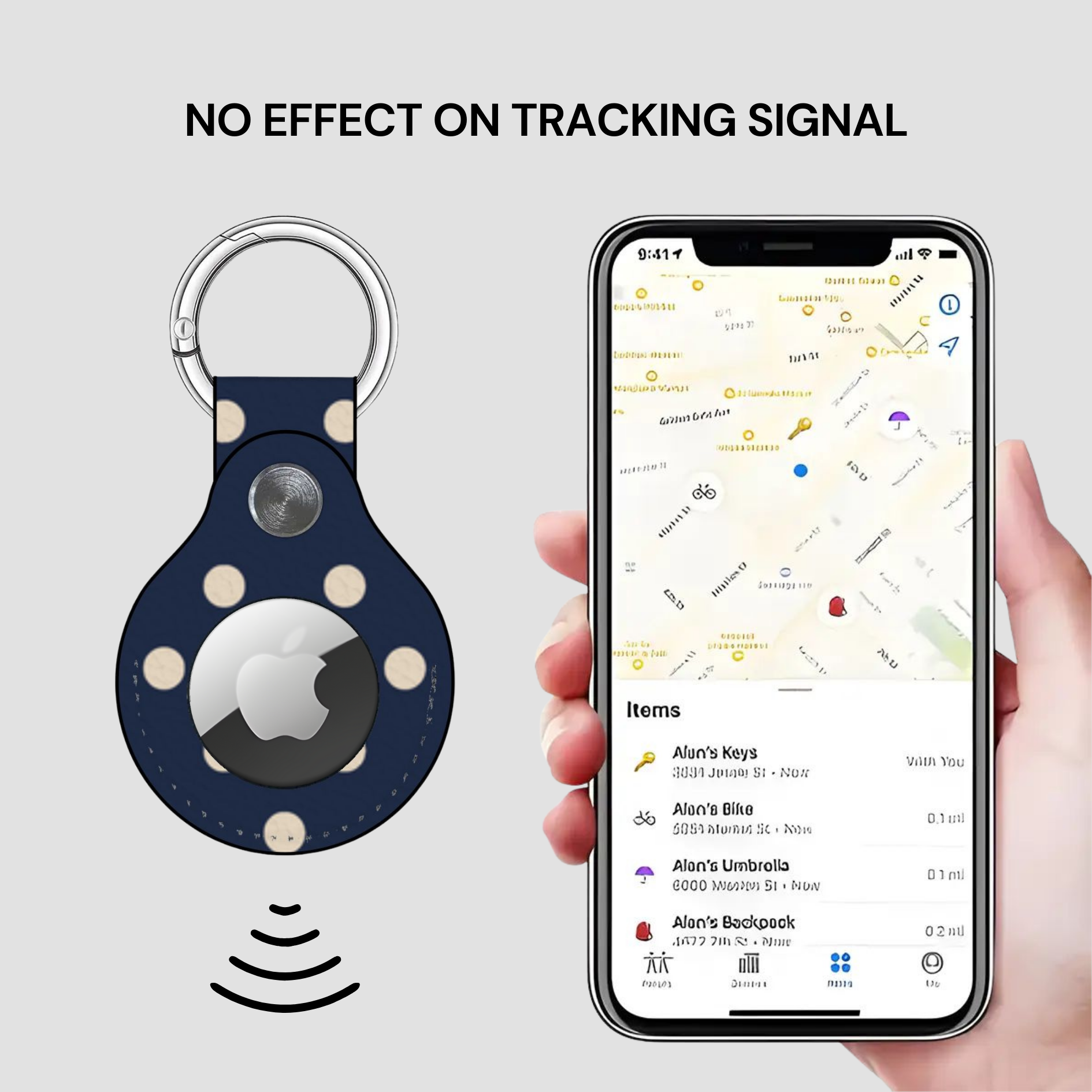 Navy blue keychain device with Apple logo next to a phone displaying a location app.