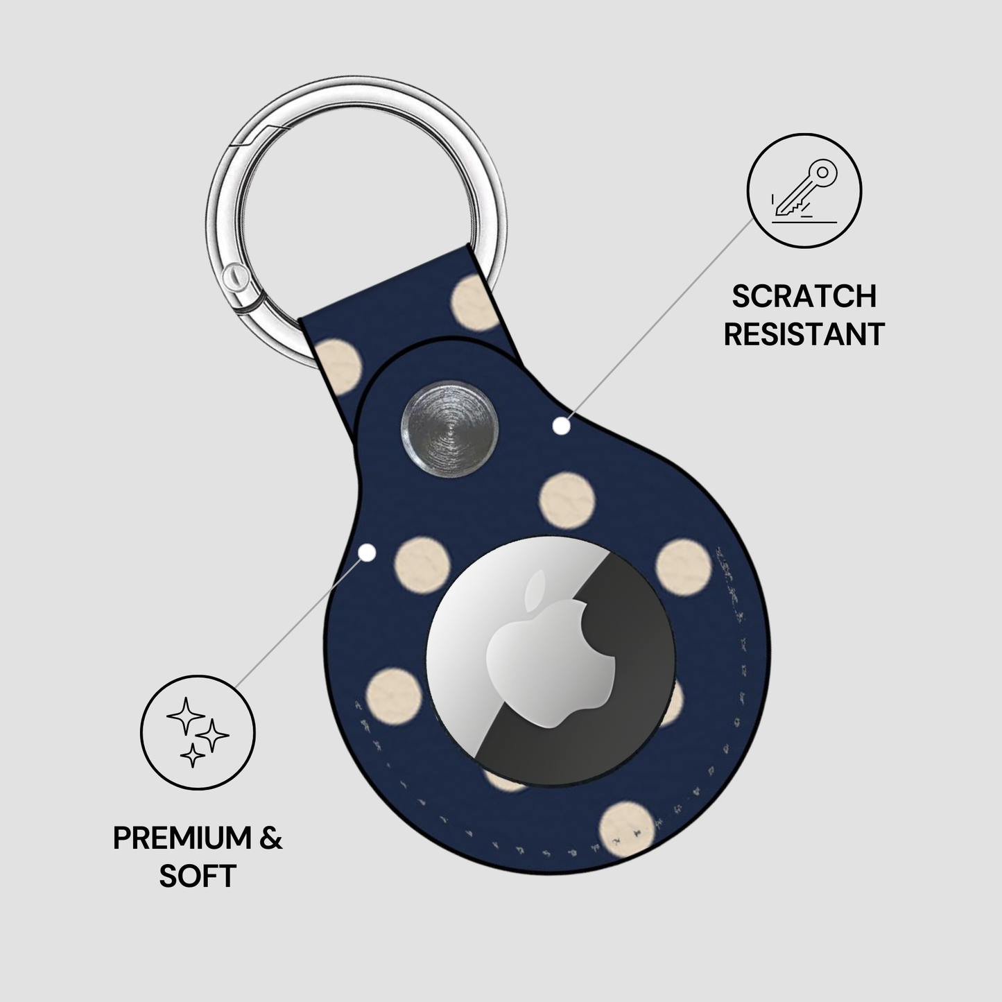 Navy blue keychain case with Apple logo on a light gray background