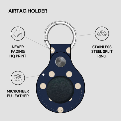 Airtag holder with features highlighted on a gray background