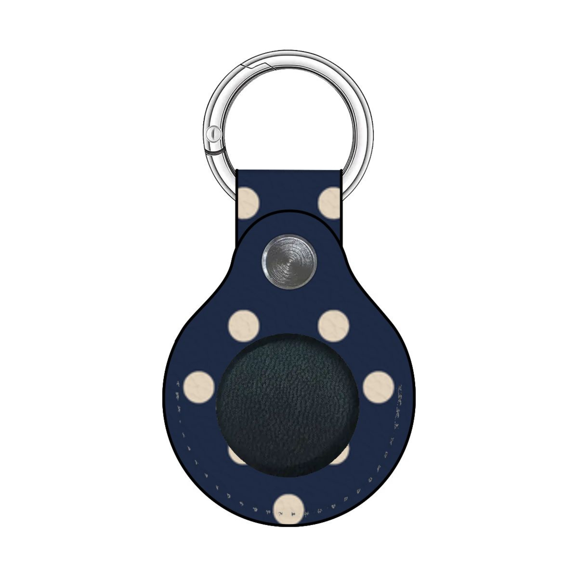 Navy blue keychain with white polka dots and a silver ring on a white background