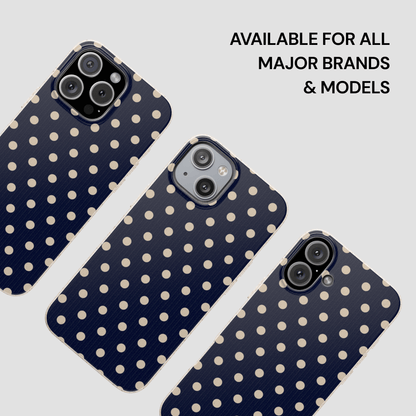 Three phone cases with a polka dot pattern on a light gray background, with text indicating compatibility for major brands and models.